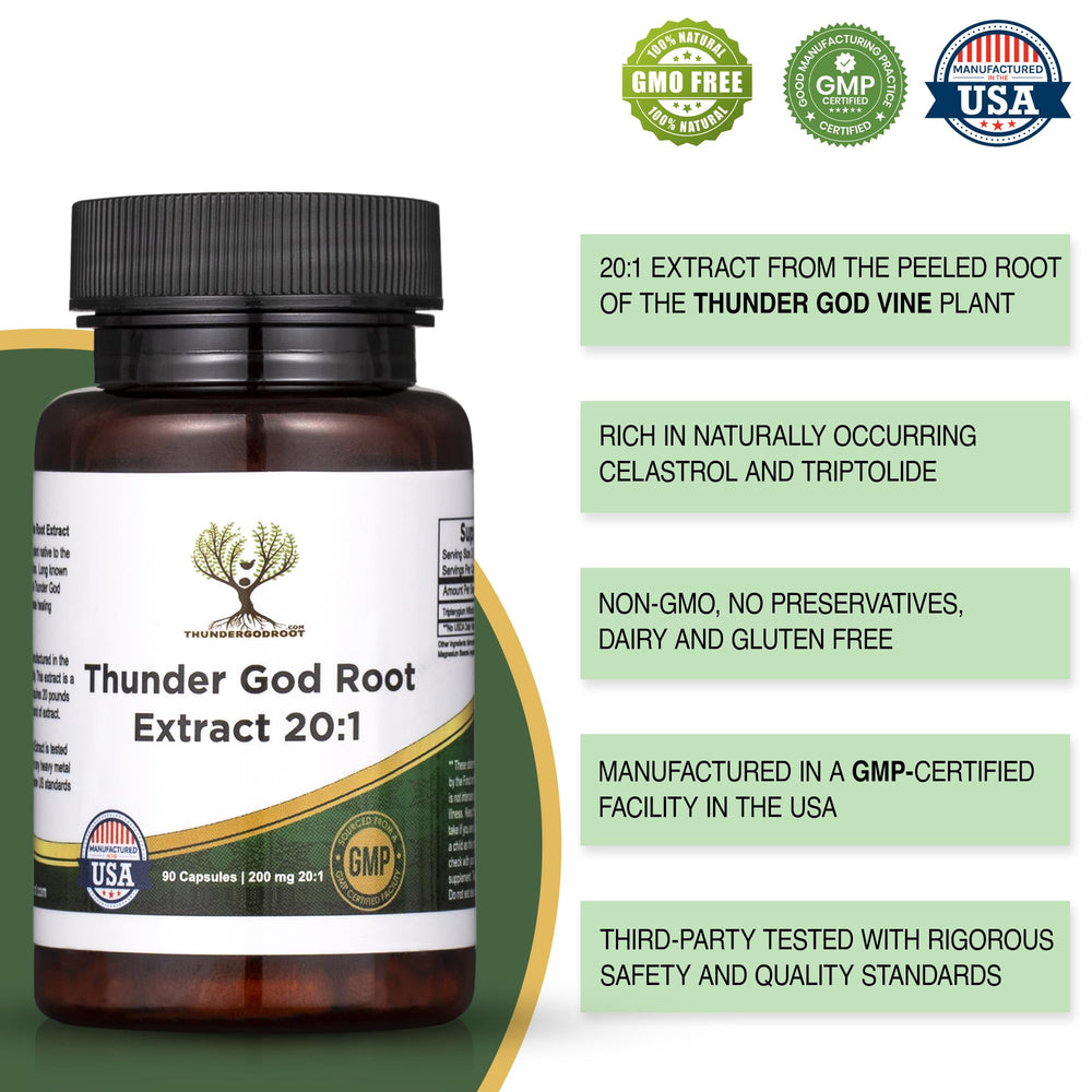 Close-up of Thunder God Vine bottle label highlighting Lei Gong Teng extract quality.