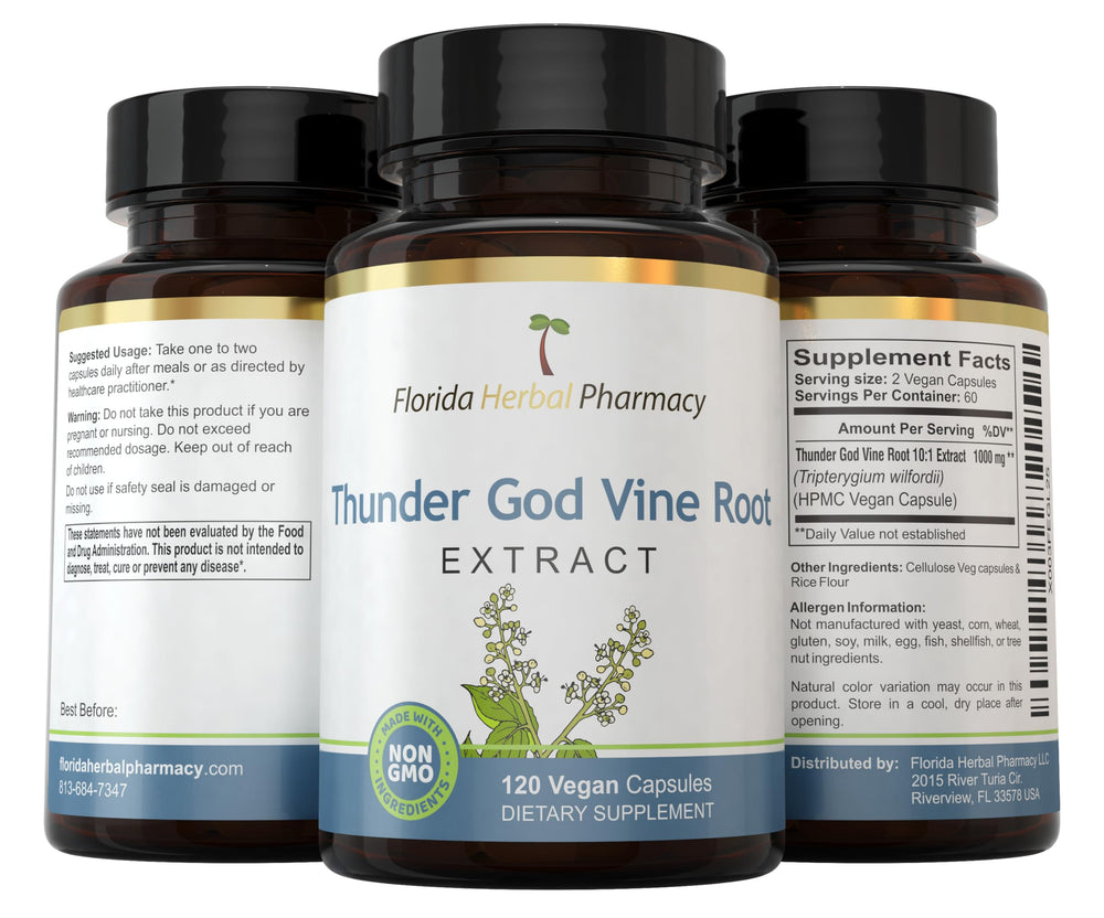 Product bottle and packaging for Thunder God Vine capsules
