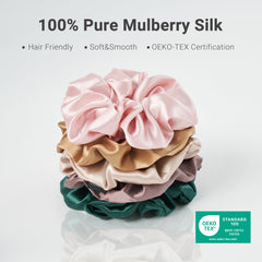 THXSILK champagne silk scrunchie packaging on display