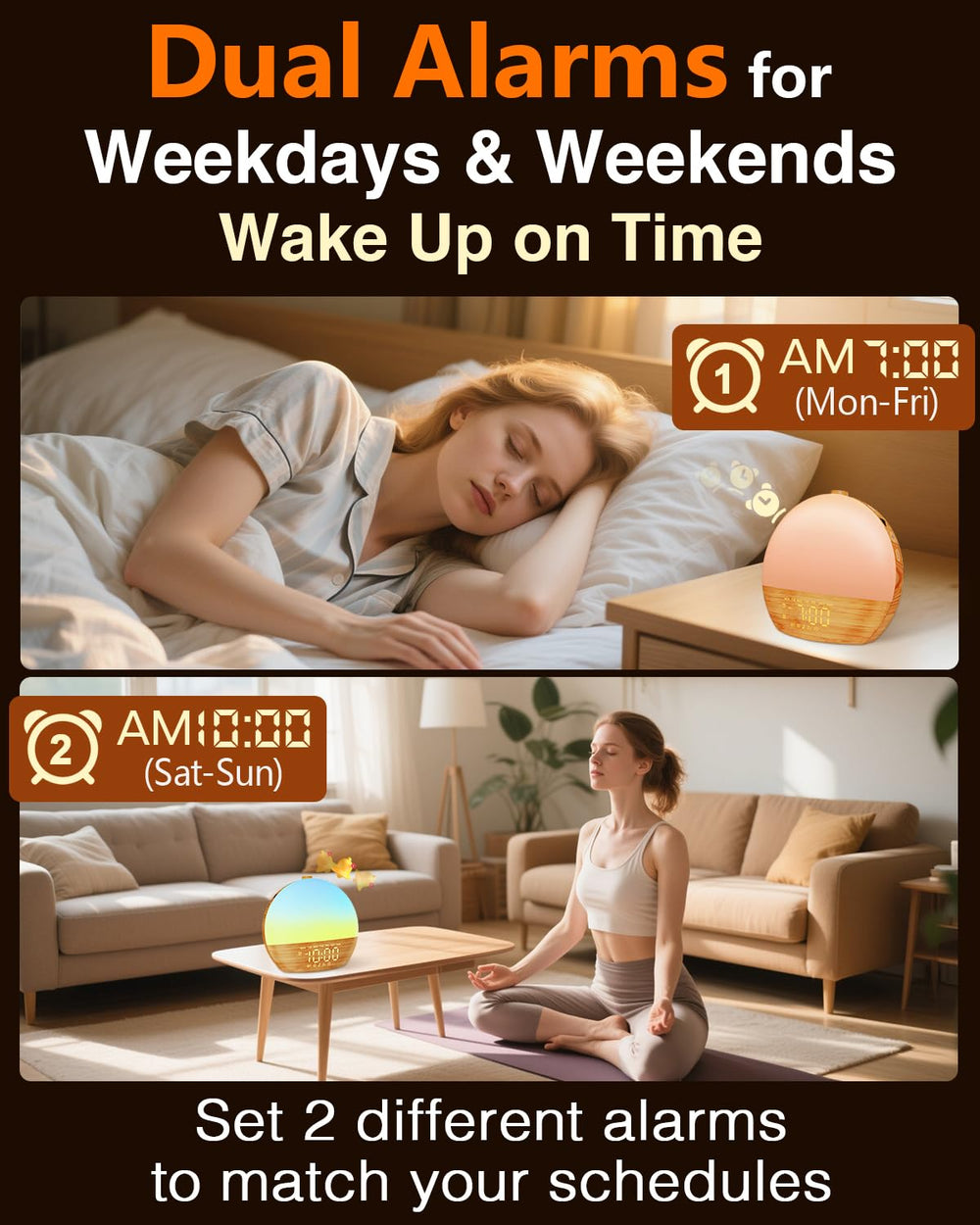 Thybro sunrise alarm showing dual alarms for separate schedules