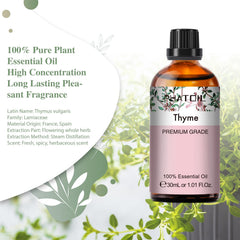Close-up of built-in dropper on thyme essential oil bottle