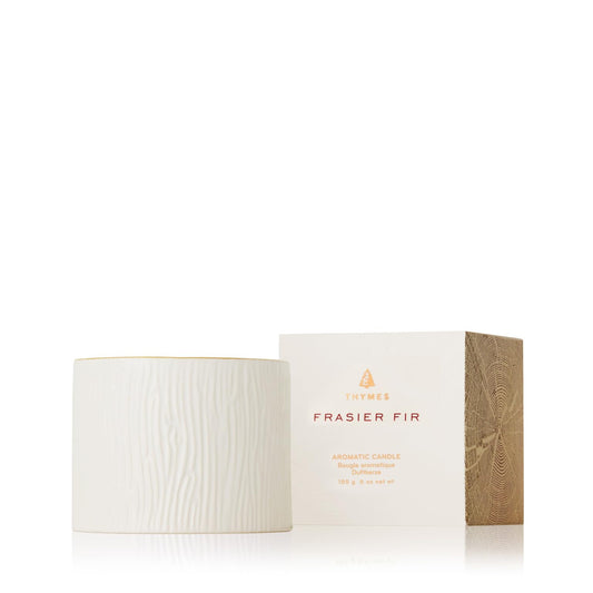 Thymes Frasier Fir Petite Candle in white wood-grain ceramic with 24K gold rim, 6 oz