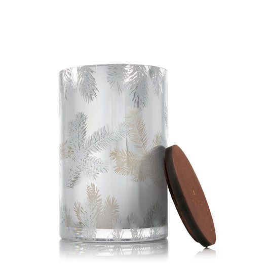 Thymes Frasier Fir candle with silver pine needle design front view