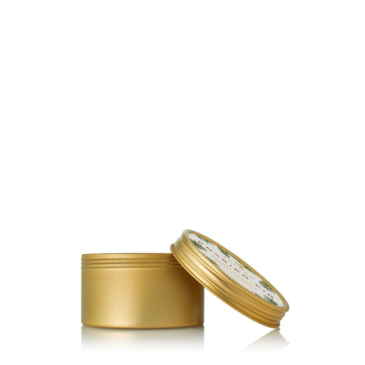 Thymes Frasier Fir travel tin candle in gold, 2.5 oz.