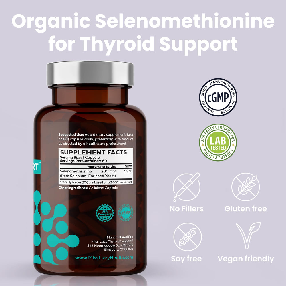 Close-up of ThyroConvert bottle and ingredient highlights: organic Selenomethionine