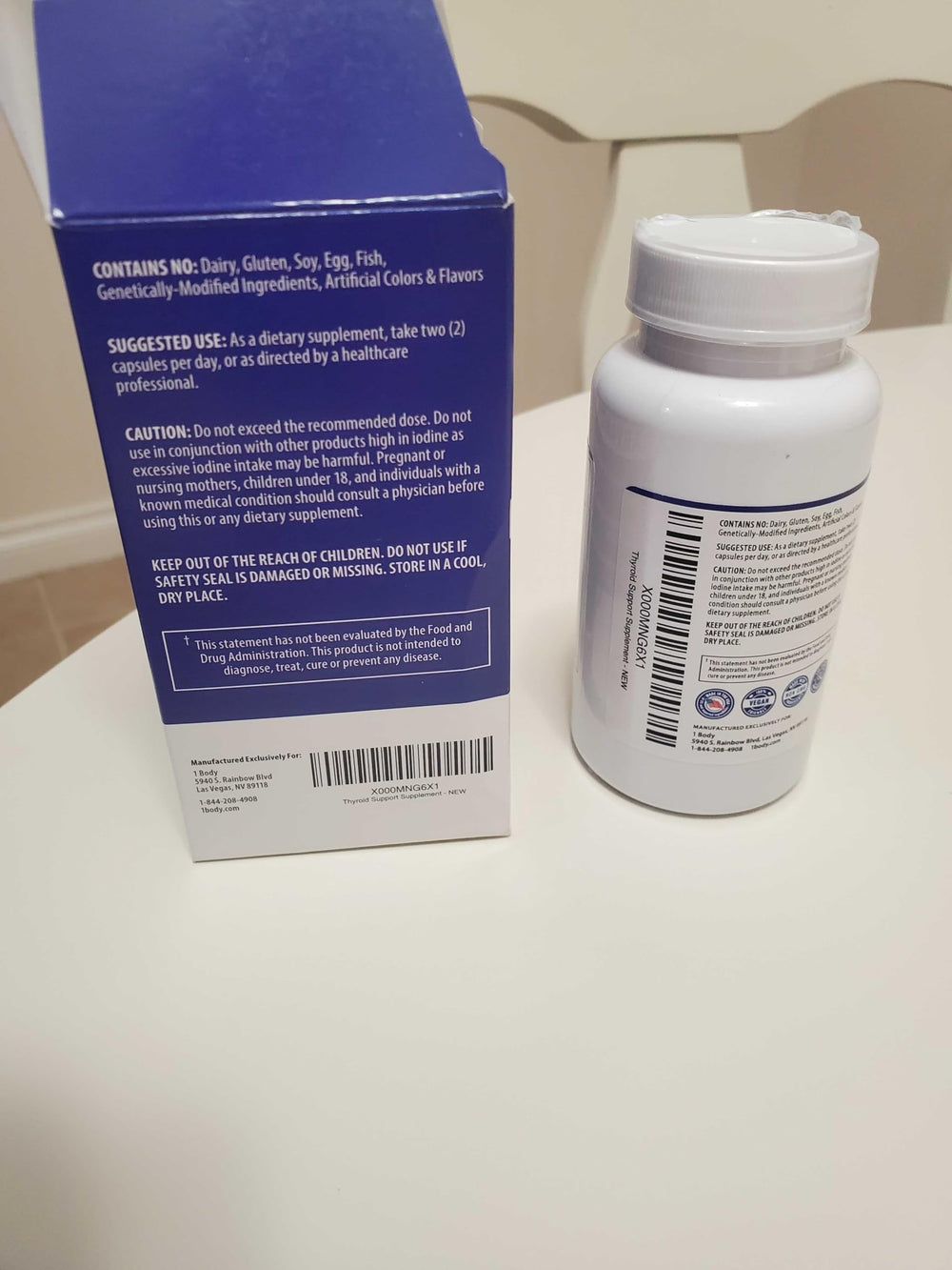 Non GMO vegetarian thyroid support supplement label indicating vegetarian formula