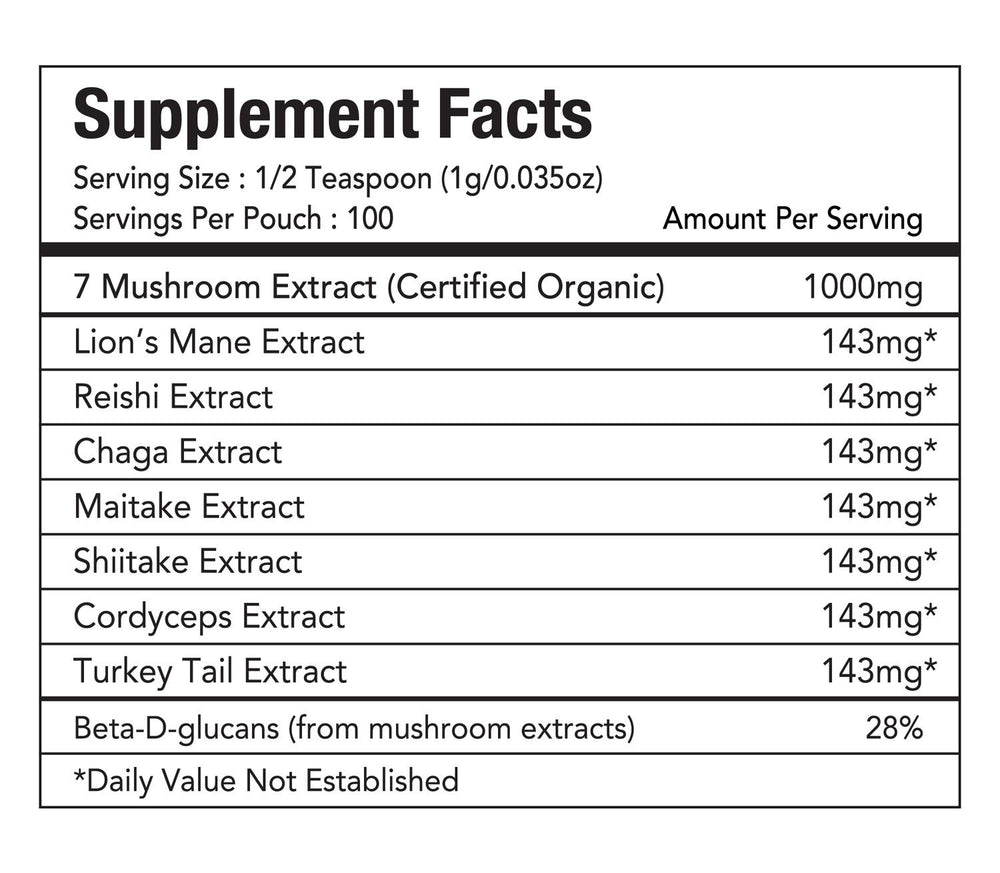 Packaging of Tiger 7 Mushroom Powder Extract, 3.5oz (100g)