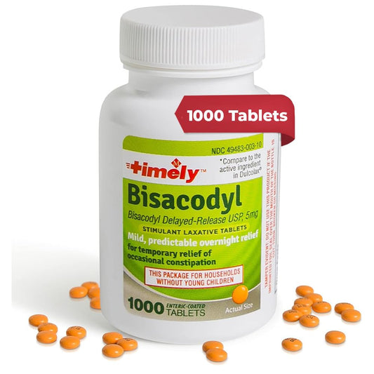 TIME-CAP LABS Timely bisacodyl pack shows bulk 1000-tablet value for overnight relief.