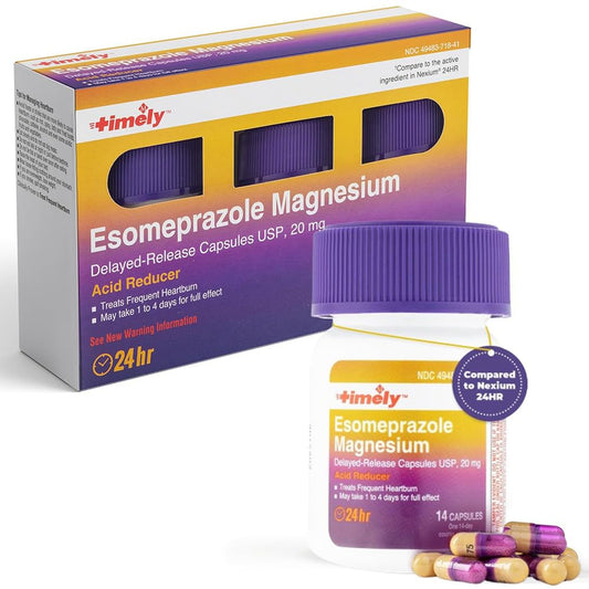 TIME-CAP LABS Timely Esomeprazole 20mg bottle front for all-day heartburn support.