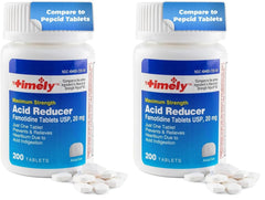 Timely Acid Reducer bottle front with two-pack layout for heartburn relief options.