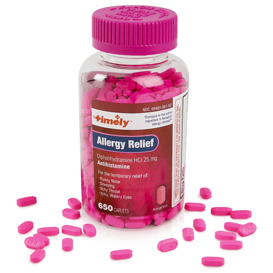 Timely Allergy Relief caplets bottle closeup for adults, ideal for runny nose relief.