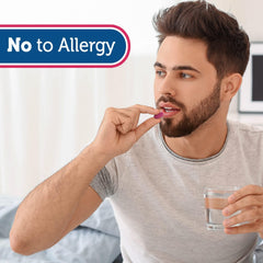 Timely Allergy Relief caplets bottle in hand demonstrates portable allergy relief on the go.