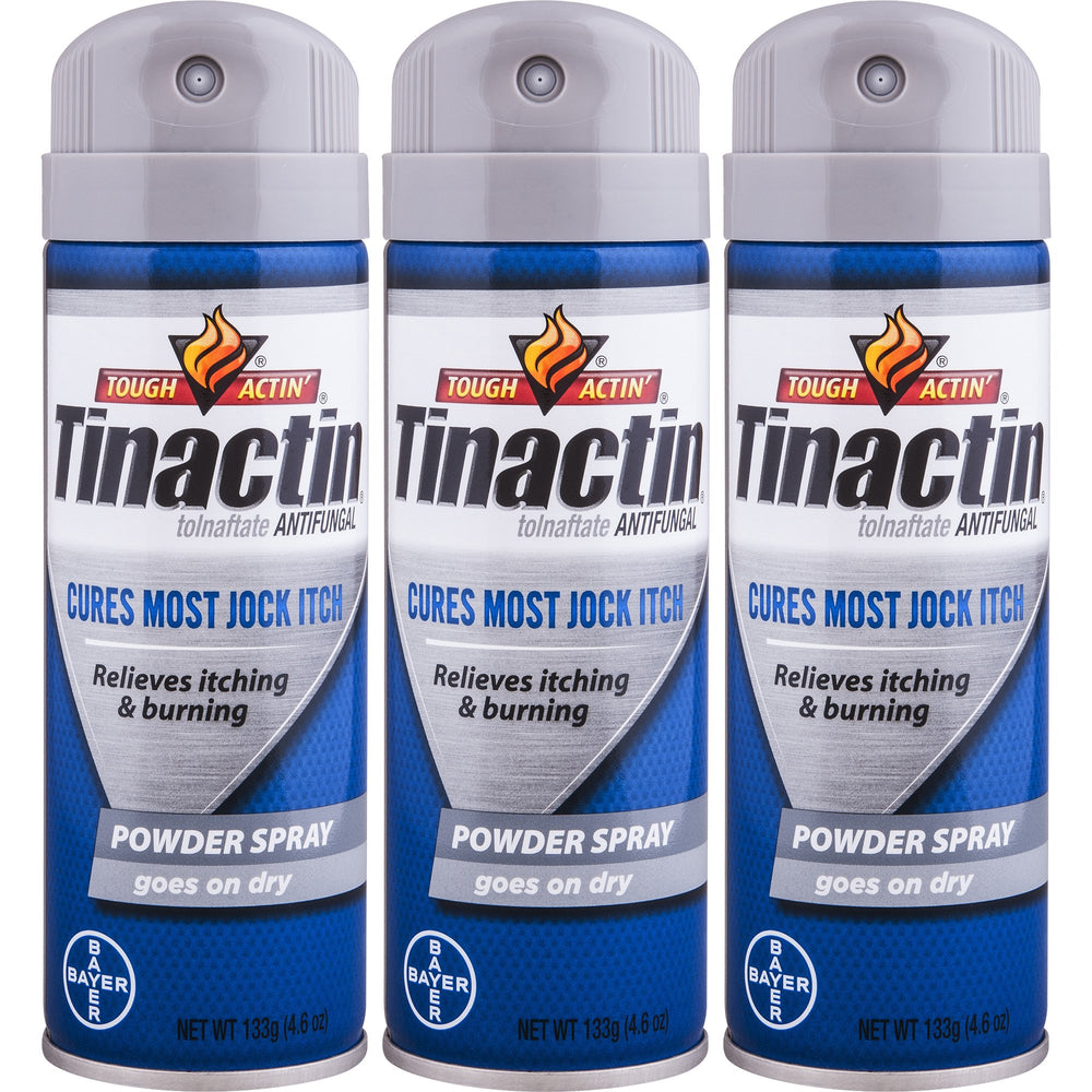 Tinactin jock itch spray powder bottle for easy application and cooling relief.