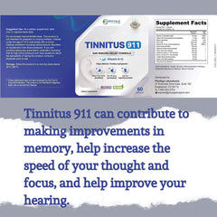 Tinnitus 911 bottle with glass of water sits on a bedside table.
