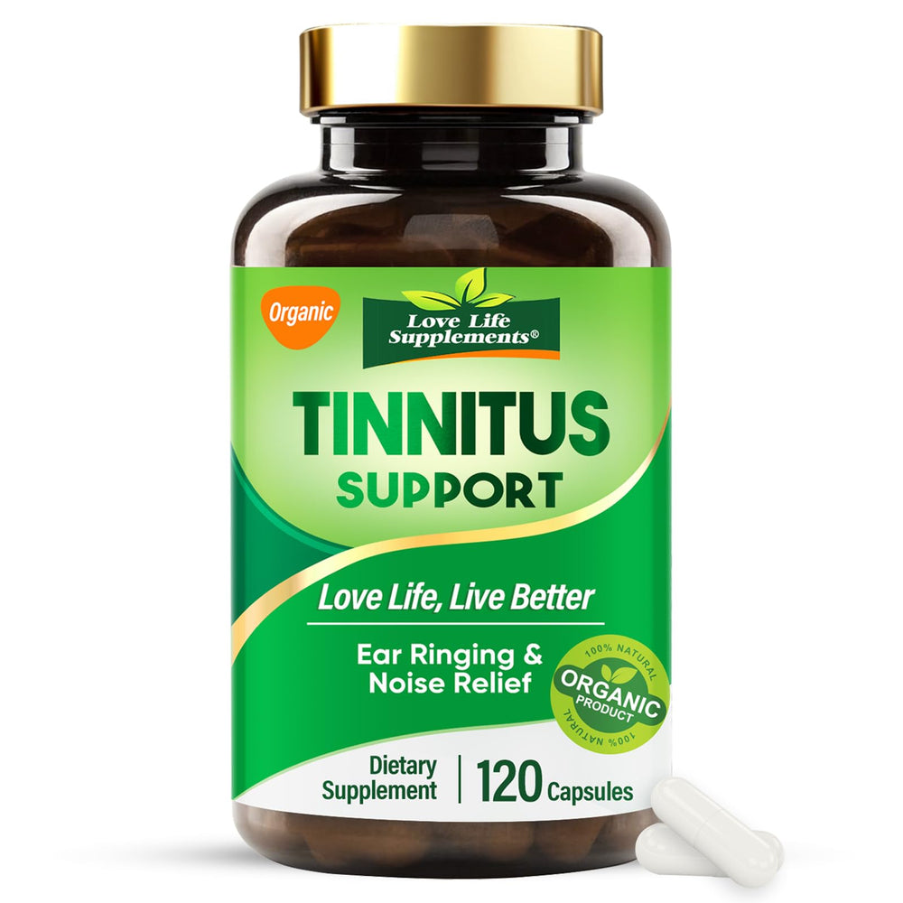 Bottle of tinnitus relief supplement with 1200mg Vitamin C & B Complex