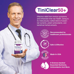 Close-up of tinnitus relief bottle label and capsules