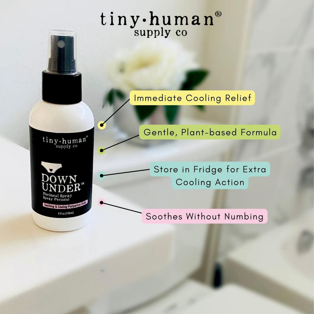Tiny Human Supply Co Down Under herbal spray packaging box highlights 97% organic ingredients