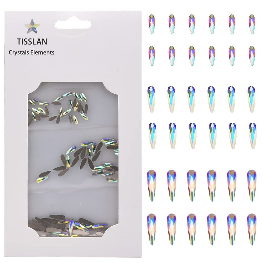 Tisslan raindrop rhinestones 3x10mm; vibrant AB shine on nails