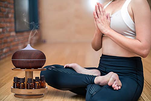 Rotary tray displaying essential oil bottles on bamboo holder