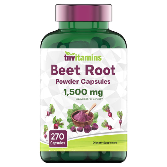TNVitamins Beet Root Capsules bottle showing 1,500 mg per capsule (270 capsules).