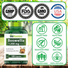 Product label detailing ingredients and Ayurvedic herb Boswellia