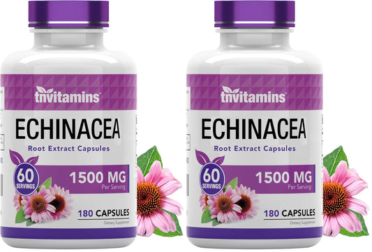 TNVitamins Echinacea capsules bottle showing 180 capsules, 1500 mg per serving, USA-made