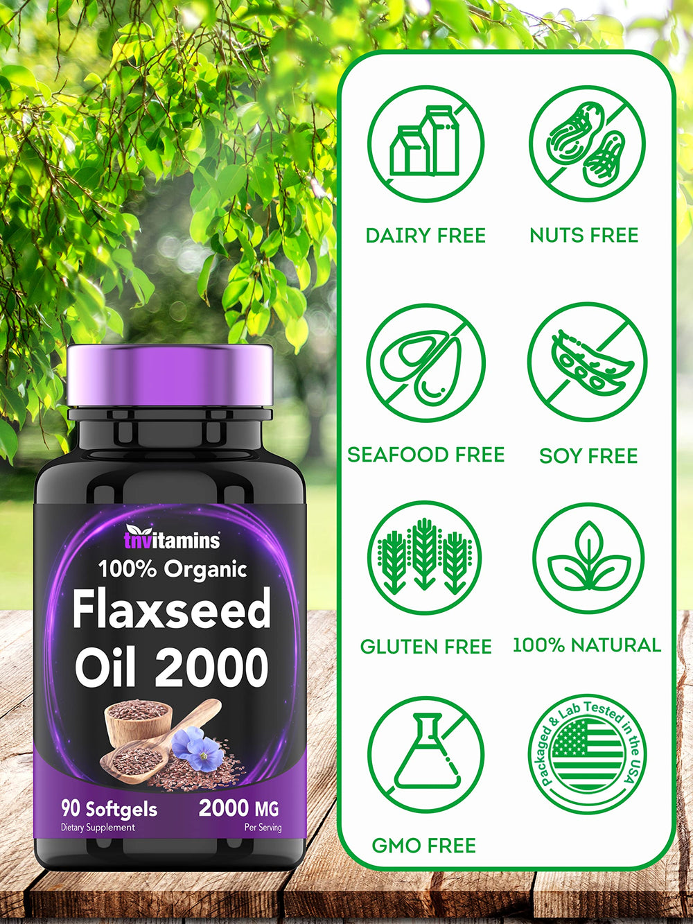Graphic emphasizing Omega-3 fatty acids from flaxseed oil