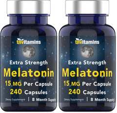 Front view of TNVitamins Melatonin 15 mg per capsule, 240 capsules, pack of 2