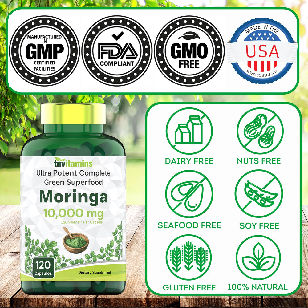 Close-up of ingredients label for TNVitamins Moringa Capsules