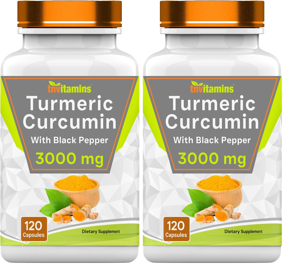 Front view of TNVitamins Turmeric Curcumin Capsules with Black Pepper bottle - 3000 mg per serving