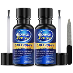 Tobcharm Toenail Fungus Treatment bottle shows 25% undecylenic acid for targeted fungus relief.