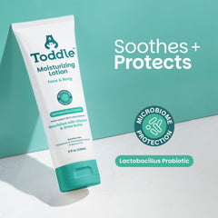Toddle probiotic moisturizing lotion in use by child showing safe daily hydration for kids