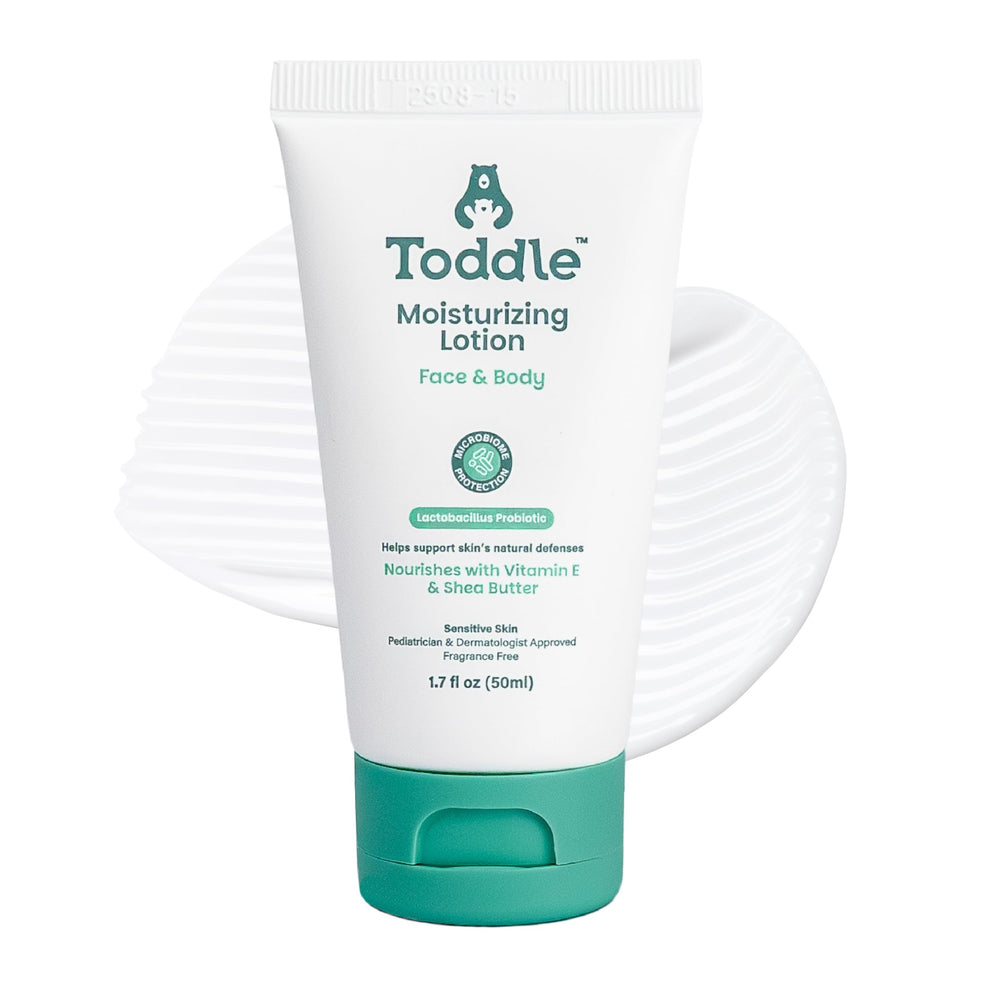 Toddle probiotic moisturizing lotion packaging highlights fragrance free hydration for sensitive skin