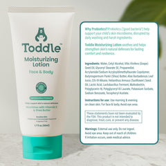 Toddle probiotic moisturizing lotion fragrance free label emphasizes safe care for sensitive skin