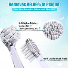 Blue toddler toothbrush showing four included brush heads