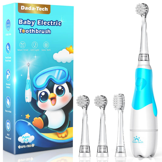 Blue toddler electric toothbrush front view with penguin handle