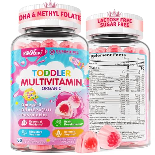 Organic toddler multivitamin gummies bottle with Omega-3 and postbiotics