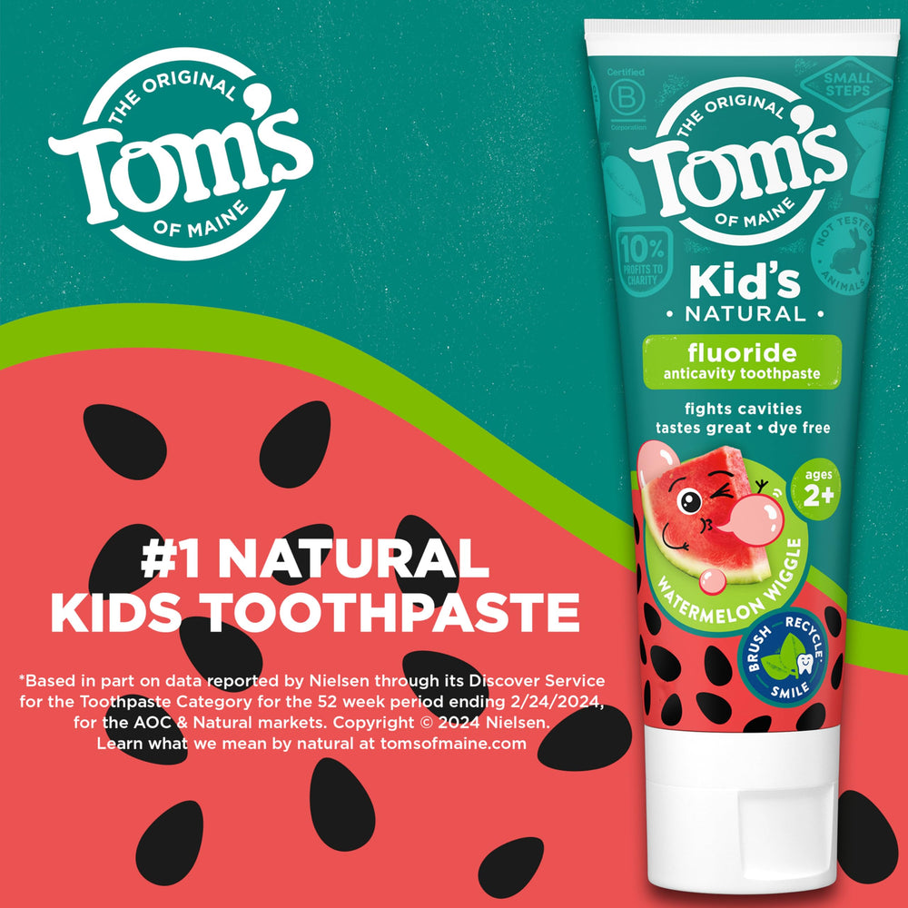 Close-up of Tom's of Maine Watermelon Wiggle toothpaste tubes