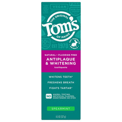 Tom’s of Maine Antiplaque and Whitening 3-pack displayed on a bathroom counter