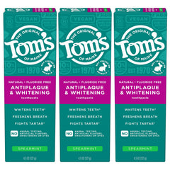 Front view of Tom’s of Maine Antiplaque and Whitening Fluoride Free Toothpaste Spearmint 3-Pack