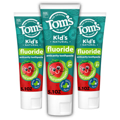 Three 5.1-ounce tubes of Tom's of Maine Kids Fluoride Toothpaste in Silly Strawberry flavor (front view).