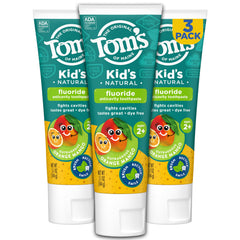 Front view of Tom's of Maine Kids Orange Mango 3-pack toothpaste packaging