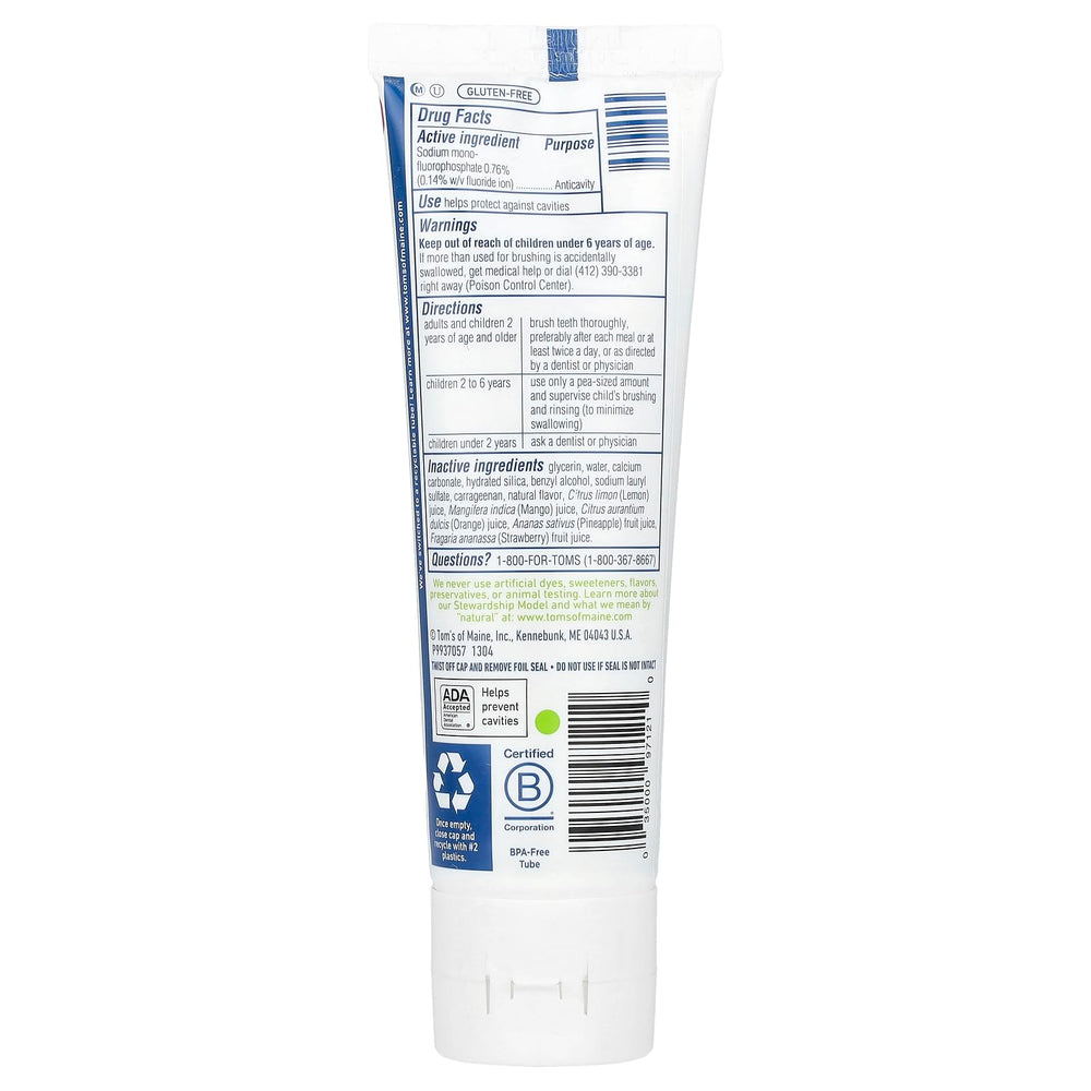 Side view of Tom's of Maine Kids Orange Mango toothpaste packaging