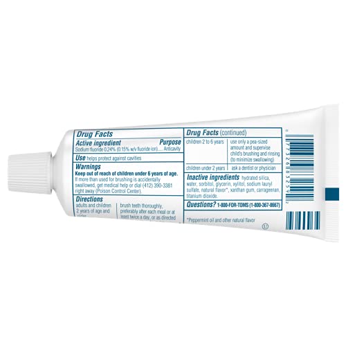 Close-up of Tom's of Maine toothpaste label Fresh Mint and 3 oz tube