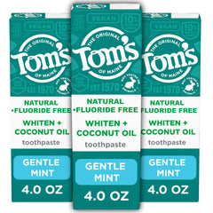 Three 4.0 oz tubes of Tom’s of Maine Whiten Plus Coconut Oil Fluoride Free Toothpaste, Gentle Mint