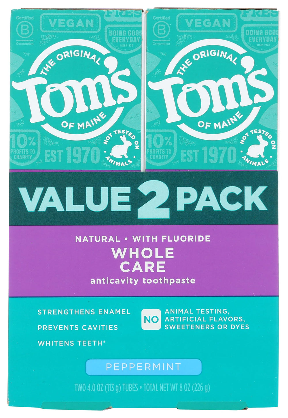Front view of Tom's of Maine Whole Care Peppermint toothpaste two-pack