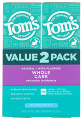 Front view of Tom's of Maine Whole Care Peppermint toothpaste two-pack