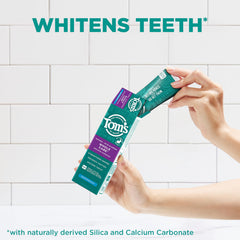 Highlight of six benefits: cavities protection, enamel strength, remineralization, whitening, tartar prevention, fresh breath
