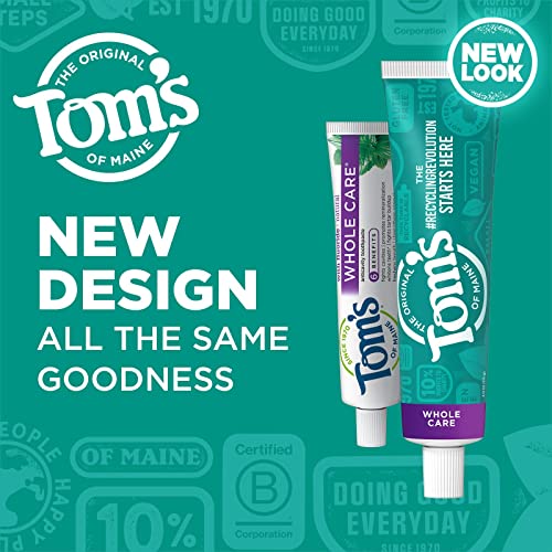 Three 4 oz tubes of Tom's of Maine Whole Care Peppermint toothpaste side view