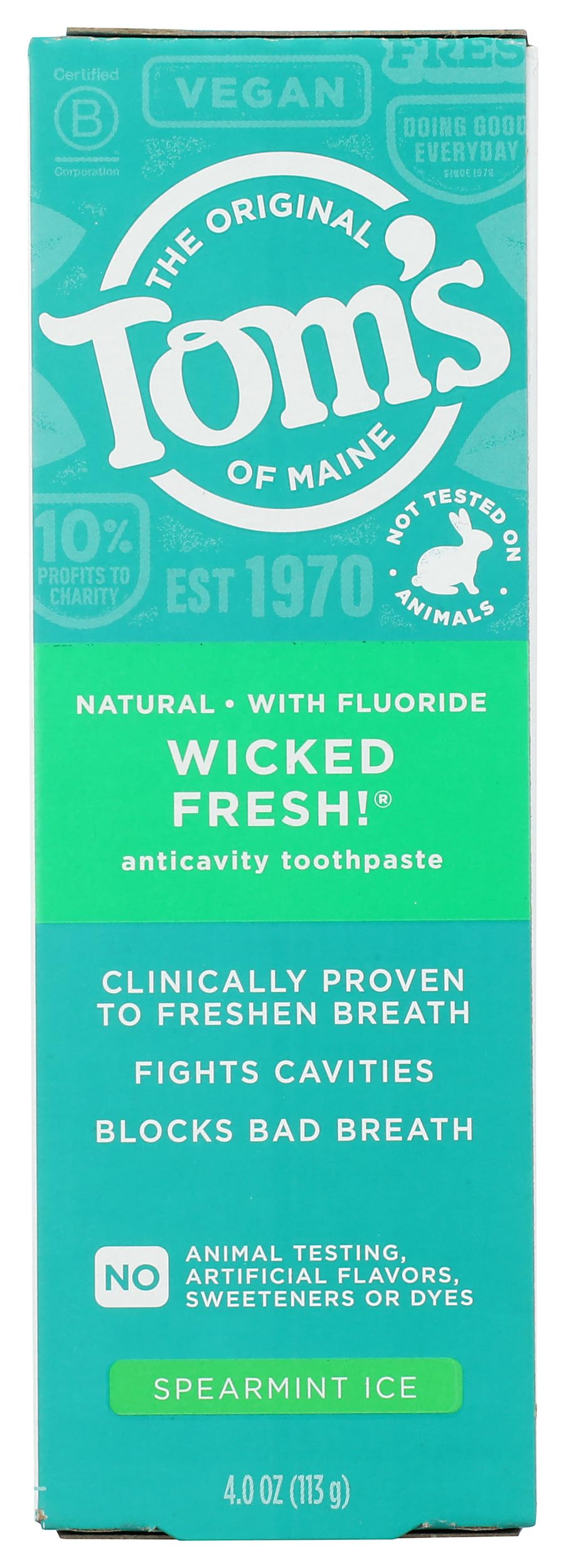 Front label of Toms of Maine Wicked Fresh Spearmint Ice AC Toothpaste 4 oz